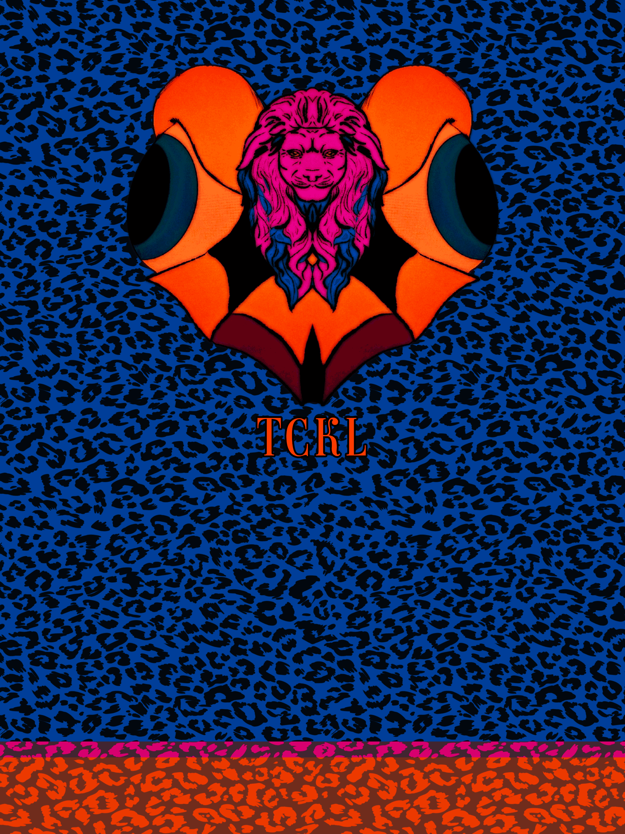 Bold blue and black leopard print pattern featuring a centered pink and magenta lion head logo with flowing mane, flanked by orange symmetrical wing-like shapes. The TCKL brand mark appears in orange below the lion. A thin accent strip of pink and orange leopard print runs along the bottom edge.
